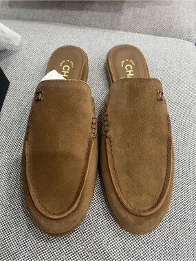 Brand New Chanel Mules 37.5 Suede Dark Beige